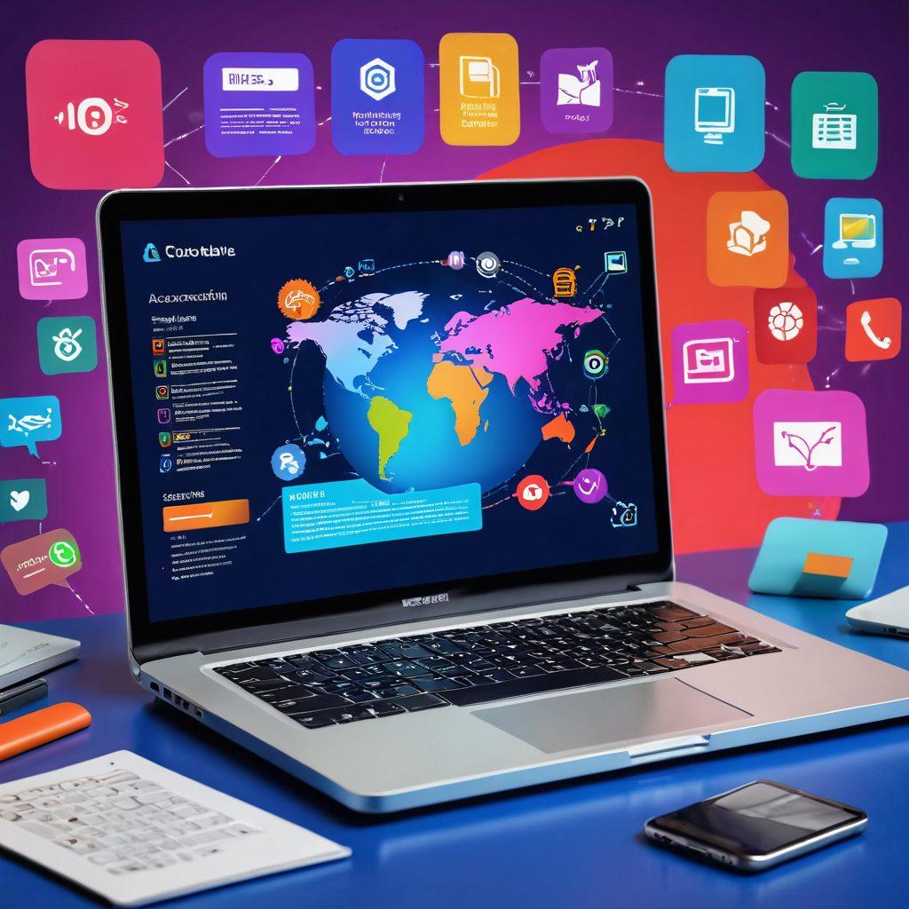 A visually striking laptop displaying an open website with vibrant, accessible content interfaces like text and multimedia. Surrounding the laptop are colorful icons representing various web accessibility tools, such as screen readers and color contrast analyzers. In the background, a digital globe symbolizing a vast web journey, filled with interconnected nodes. Bright, engaging colors with a modern tech vibe. super-realistic. vibrant colors.