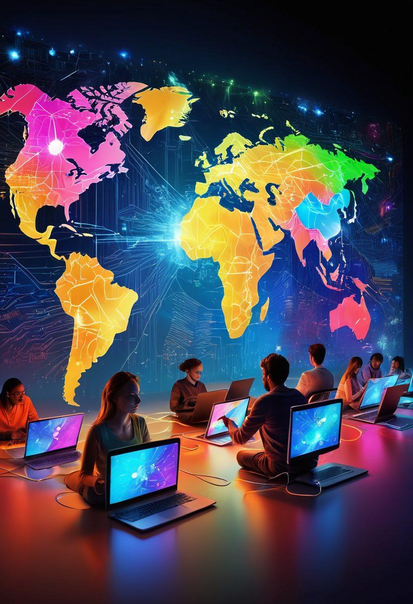 A diverse group of people, each using different devices like laptops, tablets, and smartphones, breaking through digital walls symbolically represented by colorful barriers. Vibrant lines of light and technology swirl around them, showing the freedom of internet exploration. The background features a world map illuminated with data connections, emphasizing global access. super-realistic. vibrant colors. 3D.